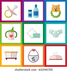 Flat Kid Set Of Napkin, Nappy, Nursing Bottle And Other Vector Objects. Also Includes Cosmetics, Beanbag, Bib Elements.