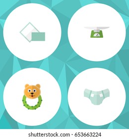 Flat Kid Set Of Nappy, Children Scales, Rattle And Other Vector Objects. Also Includes Towel, Bear, Diaper Elements.