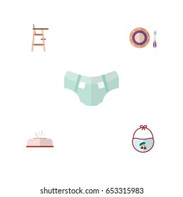 Flat Kid Set Of Nappy, Pinafore, Tissue And Other Vector Objects. Also Includes Chair, Tissue, Baby Elements.