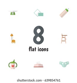 Flat Kid Set Of Nappy, Tissue, Feeder And Other Vector Objects. Also Includes Diaper, Nappy, Child Elements.
