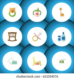 Flat Kid Set Of Nipple, Napkin, Cream With Lotion And Other Vector Objects. Also Includes Bear, Scales, Rattle Elements.