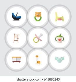 Flat Kid Set Of Nipple, Nursing Bottle, Pram And Other Vector Objects. Also Includes Bear, Child, Chair Elements.