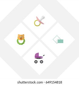 Flat Kid Set Of Nipple, Rattle, Stroller And Other Vector Objects. Also Includes Pacifier, Tissue, Stroller Elements.