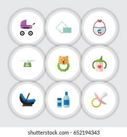 Flat Kid Set Of Nursing Bottle, Nipple, Rattle And Other Vector Objects. Also Includes Cosmetics, Bottle, Cream Elements.