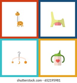 Flat Kid Set Of Nursing Bottle, Mobile, Toilet And Other Vector Objects. Also Includes Baby, Child, Mobile Elements.