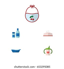 Flat Kid Set Of Nursing Bottle, Cream With Lotion, Tissue And Other Vector Objects. Also Includes Napkin, Pinafore, Nursing Elements.
