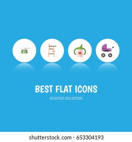 Flat Kid Set Of Nursing Bottle, Children Scales, Stroller And Other Vector Objects. Also Includes Stool, Child, Baby Elements.
