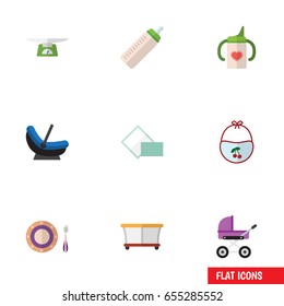 Flat Kid Set Of Nursing Bottle, Napkin, Pram And Other Vector Objects. Also Includes Children, Plate, Bottle Elements.
