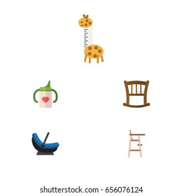 Flat Kid Set Of Nursing Bottle, Infant Cot, Toy And Other Vector Objects. Also Includes Chair, Cradle, Cot Elements.