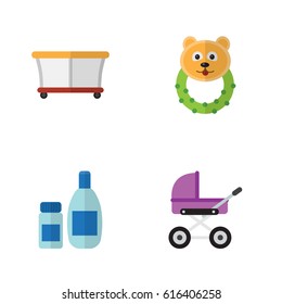 Flat Kid Set Of Playground, Cream With Lotion, Stroller And Other Vector Objects. Also Includes Baby, Playpen Elements.