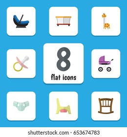 Flat Kid Set Of Playground, Stroller, Toy And Other Vector Objects. Also Includes Giraffe, Toy, Potty Elements.