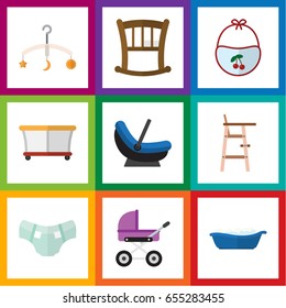 Flat Kid Set Of Stroller, Child Chair, Mobile And Other Vector Objects. Also Includes Crib, Playpen, Cradle Elements.