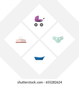 Flat Kid Set Of Stroller, Nappy, Tissue And Other Vector Objects. Also Includes Diaper, Children, Bathtub Elements.