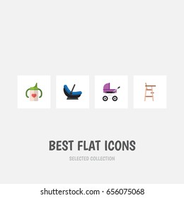 Flat Kid Set Of Stroller, Nursing Bottle, Pram And Other Vector Objects. Also Includes Chair, Bottle, Stool Elements.