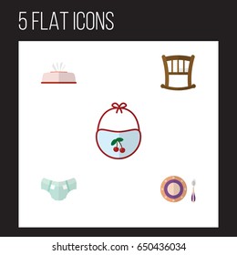Flat Kid Set Of Tissue, Infant Cot, Nappy And Other Vector Objects. Also Includes Pinny, Pinafore, Dish Elements.