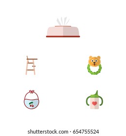 Flat Kid Set Of Tissue, Pinafore, Child Chair And Other Vector Objects. Also Includes Pinny, Child, Nursing Elements.