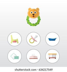 Flat Kid Set Of Tissue, Rattle, Napkin And Other Vector Objects. Also Includes Baby, Bear, Bathing Elements.