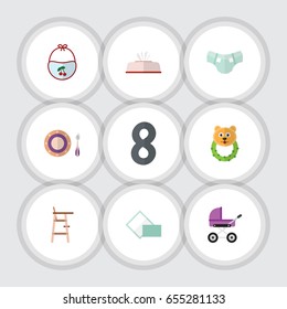 Flat Kid Set Of Tissue, Rattle, Child Chair And Other Vector Objects. Also Includes Tissue, Pram, Baby Elements.