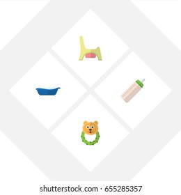 Flat Kid Set Of Toilet, Feeder, Bathtub And Other Vector Objects. Also Includes Feeder, Bathing, Beanbag Elements.