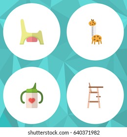 Flat Kid Set Of Toy, Nursing Bottle, Child Chair And Other Vector Objects. Also Includes Toy, Chair, Potty Elements.