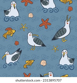 Flat kids cartoon seamless pattern with seagull. Flat vector birds, fish, shells on sea background with waves. Ideal for kids textile, wallpaper, wrapping, background, interior decor.