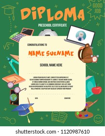 Flat kids diploma certificate template with frame for text laptop bag calculator soccer ball graduation cap book apple art palette globe ruler vector illustration