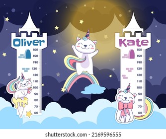 Flat Kids Height Chart With Cute Caticorn. Child Growth Wall Meter With Unicorn Cat, Happy Kitty On Sky Clouds And Rainbow. Measuring Ruler Children, Growth Scale For Kindergarten Or Nursery Design.