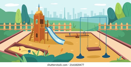 Flat kids playground in park with sandbox, slide and swing. Outdoor play ground with sandpit, wooden seesaw and slider for children games. Summer public kid area on green lawn for playing, recreation.