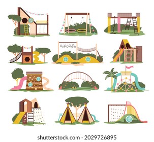 Flat kids playground set with various colorful equipment for leisure outdoor activities isolated vector illustration