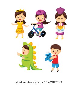 flat kids vector,  girl and boy with chef hat, bycicle and doll