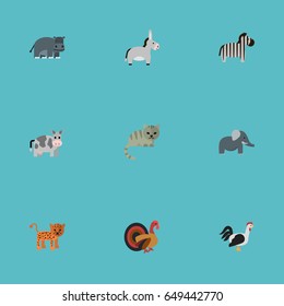 Flat Kine, Hippopotamus, Horse And Other Vector Elements. Set Of Alive Flat Symbols Also Includes Trunk, Bird, Cock Objects.