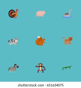 Flat Kine, Turkeycock, Predator And Other Vector Elements. Set Of Animal Flat Symbols Also Includes Gorilla, Puma, Pig Objects.