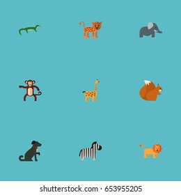 Flat King, Panther, Hound And Other Vector Elements. Set Of Zoology Flat Symbols Also Includes King, Elephant, Forest Objects.