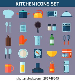 Flat kitchen and cooking icons. Cooking tools and kitchenware equipment symbol collection. Colorful template for cooking, restaurant menu and food design.