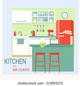 flat kitchen interior with bar counter. vector illustration