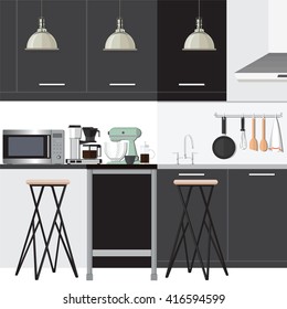 flat kitchen interior with bar counter. vector illustration