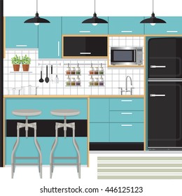 flat kitchen interior with bar counter