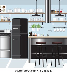 flat kitchen interior with bar counter