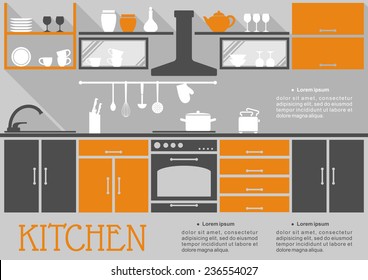 Flat Kitchen Interior Design Of A Fitted Kitchen With Cabinets Appliances And Kitchenware On Open Shelves In Grey And Orange