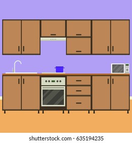 Flat kitchen. Kitchen interior with utensils and devices. Including oven, microwave, pot. Flat style vector illustration. Flat home art vector illustration.