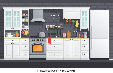 Flat kitchen room vector illustration. indoor kitchen Interior set, cooking cartoon style. culinary decorations collection. 