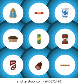 Flat Kitchen Set Of Yogurt, Fizzy Drink, Meat And Other Vector Objects. Also Includes Tasty, Sausage, Fillet Elements.