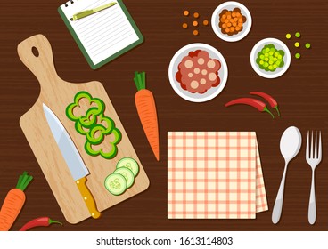 flat kitchen table for cooking suitable for banner, flyer, restaurant or cafe menu list, and more. flat design background.
