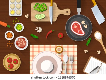 flat kitchen table for cooking suitable for banner, flyer, restaurant or cafe menu list, and more. flat design background.