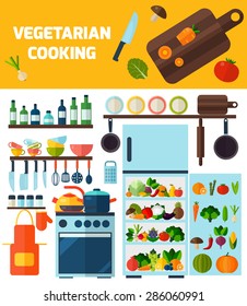 Flat kitchen and vegetarian cooking icons. Cooking tools and kitchenware equipment symbol collection. Colorful template for cooking, restaurant menu and food design.