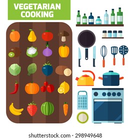 Flat kitchen and vegetarian cooking icons. Cooking tools and kitchenware equipment symbol collection. Colorful template for cooking, restaurant menu and food design.