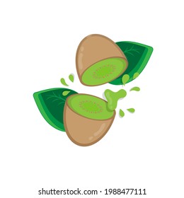 El kiwi plano medio corte salpicado con fondo blanco.