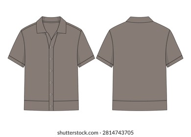 FLAT KNIT BUTTON THROUGH SHIRT.
Men's short sleeve camp collar Polo fashion flat sketch vector template.
Blank button down resort shirt technical drawing front and back view.
Apparel CAD mockup of a casual cuban collar short sleeve shirt.
Fashion illustration of men's summer top for tech pack design.
Vector clothing template for open collar button up shirt with hem detail.