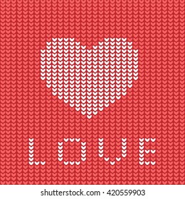 Flat knitted red heart pattern for invitations, love notes, messages, banners. Design element for sites.