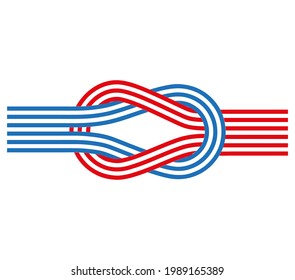 Flat knot. Square knot. Reef knot. Blue and red ropes intertwined